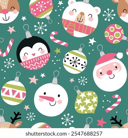 Seamless vector pattern with cute Christmas ornaments. Hand drawn vector Christmas ornaments. Santa Claus, snowman, penguin, deer and polar bear. Perfect for textile, wallpaper or print design. 