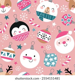 Seamless vector pattern with cute Christmas ornaments. Hand drawn vector Christmas ornaments. Santa Claus, snowman, penguin, deer and polar bear. Perfect for textile, wallpaper or print design. 