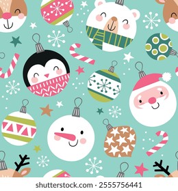 Seamless vector pattern with cute Christmas ornaments. Hand drawn vector Christmas ornaments. Santa Claus, snowman, penguin, deer and polar bear. Perfect for textile, wallpaper or print design. 