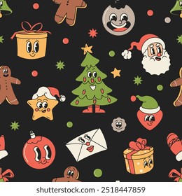 A seamless vector pattern with cute Christmas-themed cartoon elements including Santa Claus, Christmas trees, and gifts. Perfect for festive wrapping paper and holiday decorations.