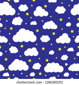Seamless vector pattern with cute clouds and stars. Night sky background.