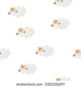 Seamless vector pattern. Cute clouds and stars in Scandinavian style