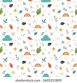 Seamless vector pattern with cute clouds, stars, leaves on a soft white background. Perfect for baby textiles, nursery decor, gift wrapping