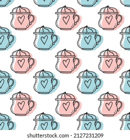 Seamless vector pattern with cute coffee cup cartoon illustration with fun heart.