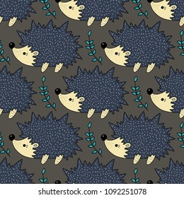 Seamless vector pattern with cute color illustrations - forest hedgehogs.