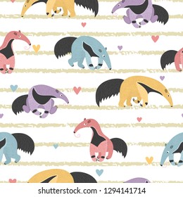 Seamless vector pattern with cute colorful ant-eater on striped background.