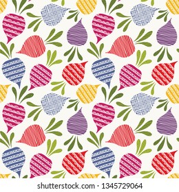 Seamless vector pattern with cute colorful beetroots.