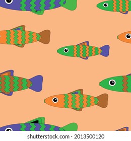 Seamless vector pattern with cute colorful  decorative fish. Funny multicolor background, sea texture