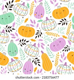 Seamless vector pattern with cute colorful halloween pumpkins and flowers. Hand drawn autumn characters background. Thanksgiving doodle texture for design and print