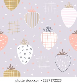 Seamless vector pattern with cute colorful strawberries in a different pattern on a purple background in a flat style. Perfect for print, wrapping paper, wallpaper, fabric, kids design.
