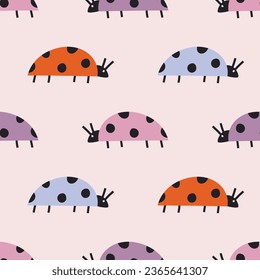 Seamless vector pattern with cute colorful ladybugs on pastel background. Modern design for fabric and paper, surface textures.