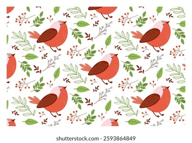Seamless vector pattern with cute colorful bird and spring elements in flat style. Cute vector texture for bedding, fabric, wallpaper, wrapping paper, textile, t-shirt printing