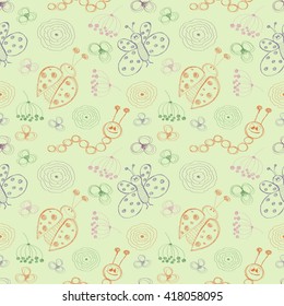 Seamless vector pattern. Cute colorful background with hand drawn ladybugs, butterfly, caterpillars and flowers. 