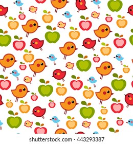 Seamless vector pattern with cute colorful little birds and apples. Summer child cartoon background