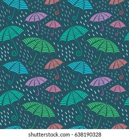 Seamless vector pattern with cute colorful umbrellas and abstract rain drops.
