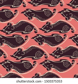 Seamless vector pattern with cute colourful mouses. The design is suitable for children clothes, wallpaper, stationary, sheets as well as for wrapping paper. 