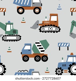 Seamless vector pattern cute construction trucks. Hand drawn design for baby boys with tiny cars. Perfect for textile, wallpaper or nursery print design.