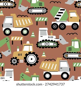 Seamless vector pattern cute construction trucks. Hand drawn design for baby boys with tiny cars. Perfect for textile, wallpaper or nursery print design.
