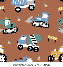 Seamless vector pattern cute construction trucks. Hand drawn design for baby boys with tiny cars. Perfect for textile, wallpaper or nursery print design.