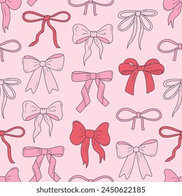 Seamless vector pattern with cute coquette bows. Balletcore background with pink and red ribbons. Hand drawn silk tape accessory. Girly texture for wallpaper, wrapping paper, textile design