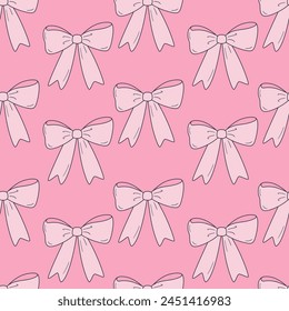 Seamless vector pattern with cute coquette bows. Balletcore background with pink ribbons. Hand drawn silk tape accessory. Girly texture for wallpaper, wrapping paper, textile design 