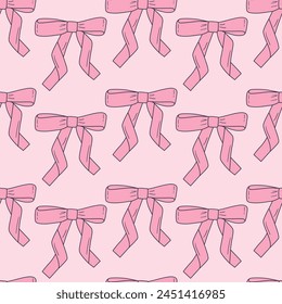 Seamless vector pattern with cute coquette bows. Balletcore background with pink ribbons. Hand drawn silk tape accessory. Girly texture for wallpaper, wrapping paper, textile design 