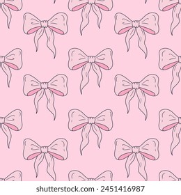 Seamless vector pattern with cute coquette bows. Balletcore background with pink ribbons. Hand drawn silk tape accessory. Girly texture for wallpaper, wrapping paper, textile design 