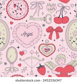 Seamless vector pattern with cute coquette bows, ribbons, flowers, cherry, hearts. Elegant vintage background in pastel pink color. Hand drawn line art girly wallpaper, wrapping paper, textile