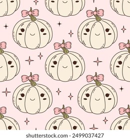 Patrón de Vector sin fisuras con personajes de calabazas coquetas lindas con arcos. Fondo rosa de halloween con símbolos sonrientes del otoño. Verduras femeninas para el Fondo de pantalla, papel de embalaje, textil