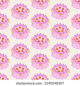 Seamless vector pattern with cute coquette cake. Pink dessert with cherry and bows on background. Texture for girl birthday, anniversary, wedding event