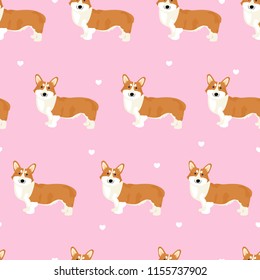 Seamless vector pattern with cute corgi on a pink background.