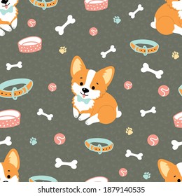 seamless vector pattern with cute corgi dogs on dark background