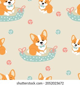 seamless vector pattern with cute corgi dogs on a light background, cartoon illustrations for childrens design	
