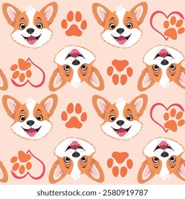 Seamless vector pattern with cute Corgi faces, paw prints, and hearts in soft pastel tones. Perfect for fabric, wrapping paper, wallpapers, stationery, and pet-themed designs. 