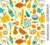 Seamless vector pattern with cute cottagecore illustrations. Spring and summer background. Gardening and countryside lifestyle. Wallpaper, wrapping paper, textile design