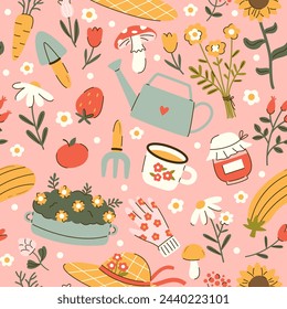 Seamless vector pattern with cute cottagecore illustrations. Spring and summer background. Gardening and countryside lifestyle. Wallpaper, wrapping paper, textile design