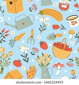 Seamless vector pattern with cute cottagecore illustrations. Spring and summer background. Gardening and farming texture. Wallpaper, wrapping paper, textile design