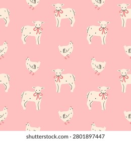 Seamless vector pattern with cute cottagecore lamb and chicken. Whimsical farm animals on pink background. Coquette wallpaper, wrapping paper, textile design