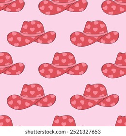 Seamless vector pattern with cute cowgirl hat. Hand drawn cowboy headdress with hearts in trendy y2k style on pink background. Doodle texture for wallpaper, wrapping paper, textile