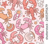 Seamless vector pattern with cute crab, shell, seastar and lobster. Exotic underwater sealife illustration. Hand drawn summer holiday beach background. Perfect for textile, wallpaper or print. 