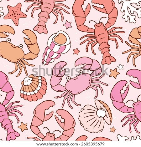 Seamless vector pattern with cute crab, shell, seastar and lobster. Exotic underwater sealife illustration. Hand drawn summer holiday beach background. Perfect for textile, wallpaper or print. 