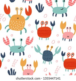 Seamless vector pattern with cute crabs. For cards, t-shirt prints, birthday, party invitations, scrapbook, summer holidays. Vector illustration in red, yellow and blue colors.