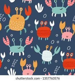 Seamless vector pattern with cute crabs. For cards, t-shirt prints, birthday, party invitations, scrapbook, summer holidays. Vector illustration in red, yellow and blue colors.