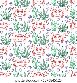 Seamless vector pattern with cute crabs. For cards, t-shirt prints, birthday, party invitations, scrapbook, summer holidays. Vector illustration in red, yellow and blue colors.