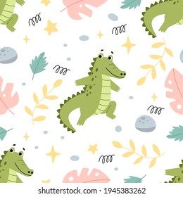 Seamless vector pattern with cute crocodile and leaves