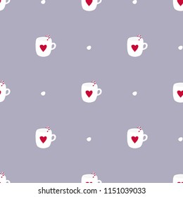 Seamless vector pattern with cute cup of hot drink and christmas cone, perfect for greeting cards, wrapping paper, banners, etc.