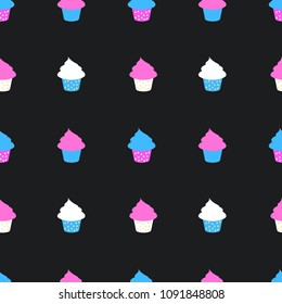 Seamless vector pattern with cute cupcakes on black background, good for wrapping paper, greeting cards, invitations, backgrounds, etc.