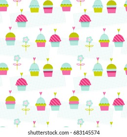 Seamless vector pattern: cute cupcakes. For cards, t-shirt prints, birthday, party invitations, scrapbook, summer holidays. Fashion baby print in pink, green and turquoise colors.