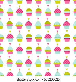 Seamless vector pattern: cute cupcakes. For cards, t-shirt prints, birthday, party invitations, scrapbook, summer holidays. Fashion baby print in pink, green and turquoise colors.