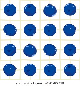 Seamless vector pattern with cute dark blue blueberries on a minimal, classic, retro, cute style. Various shapes and colors. Light blue background. Perfect for fabric design and packaging.
